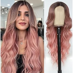 NAYOO Long Wavy Wigs for Women Middle Part Ombre Pink Wig with Dark Roots Synthetic Heat Resistant Fiber Women Wigs for Daily Party Use (Pink)