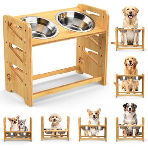 Elevated Dog Bowls, Adjustable Raised Dog Bowl Stand for Large and Medium Pet, 15" High Bamboo Pet Food Feeder with 2 Stainless Steel Dishes6 Heights