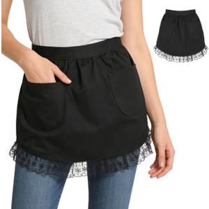 Cabilock Retro Lace Half Apron with Pockets Women Waist Apron for Cooking Baking Cosplay Vintage Kitchen Server Waitress