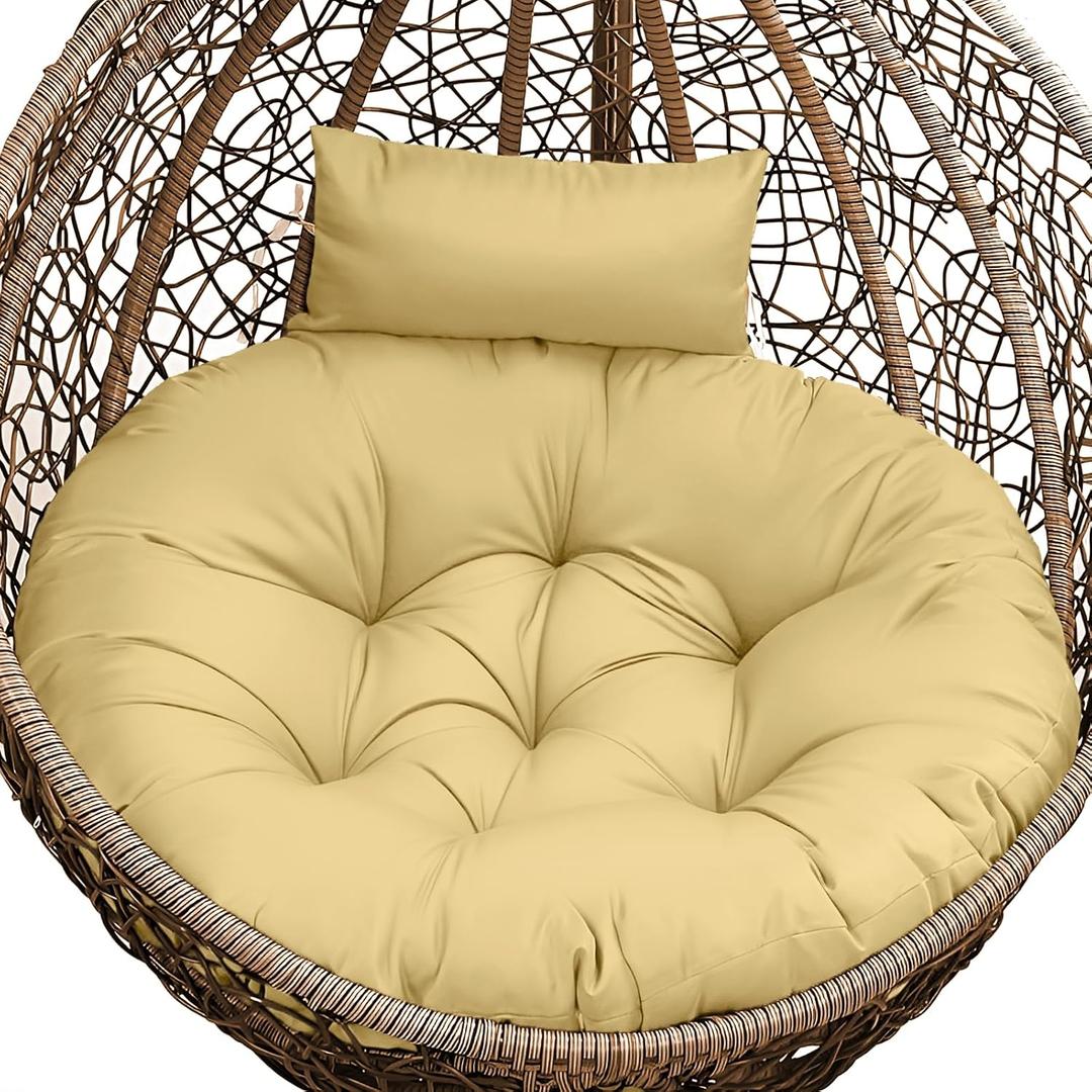 Outdoor Swing Egg Chair Cushion Replacement, Thicken Hanging Basket Egg Chair Cushion Waterproof Papasan Chairs Cushions with Headrest Pillow, Larger Round Cushions for Eggs Chairs (Khaki)