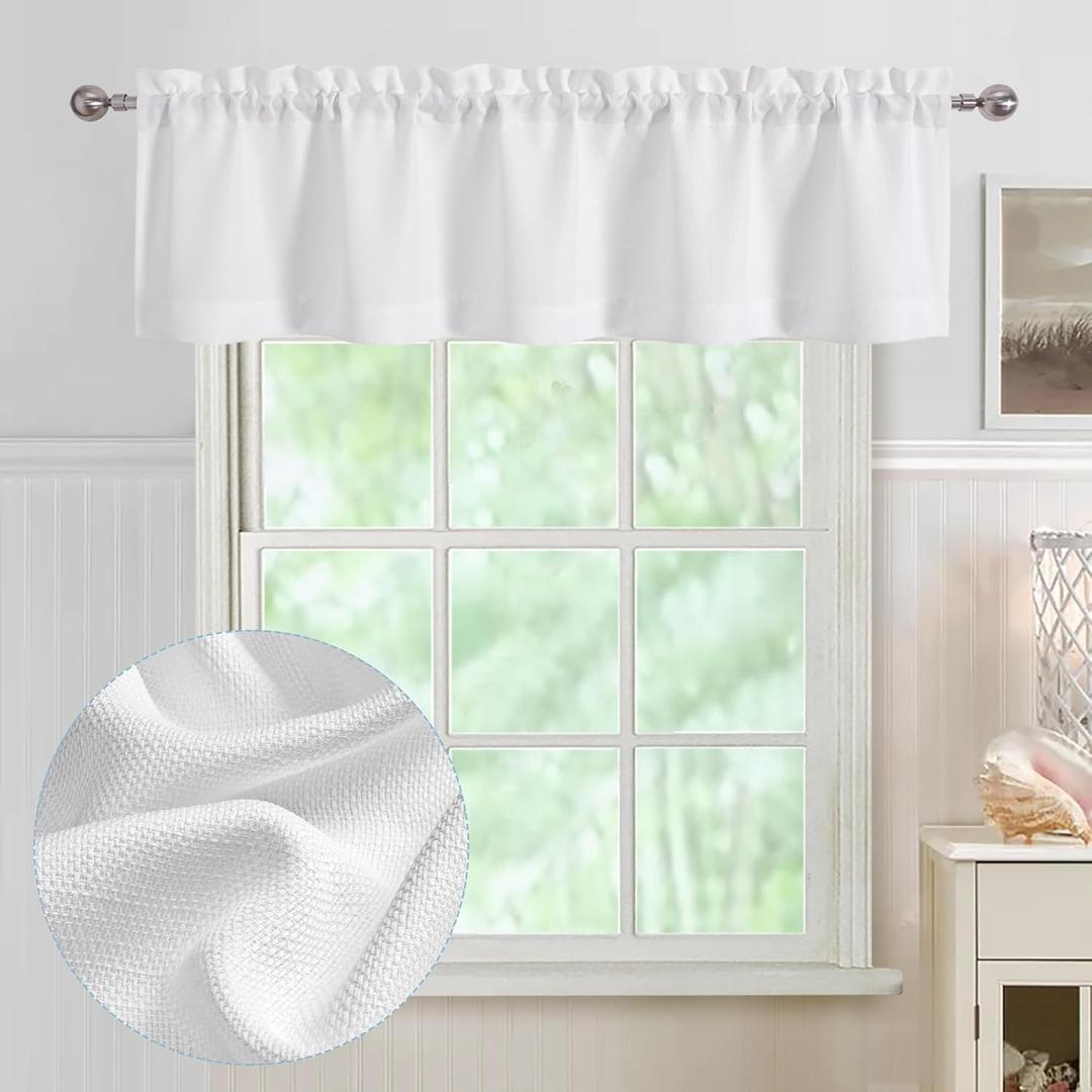 Chyhomenyc White Valance for Windows, Light Filtering Faux Linen Solid Short Curtain Valance, Burlap Decorative Small Curtain for Kitchen Bathroom Laundry Basement, 60Wx14L inch, 1 Piece