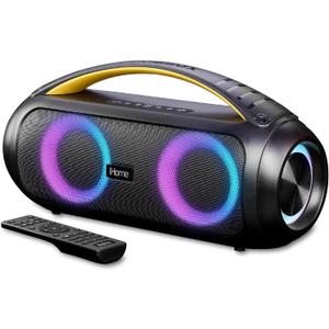 iHome Bluetooth Speaker Boombox with FM Radio, Color Changing Lights and Remote Control, Splash-Proof Wireless Speaker is Portable and Rechargeable (iBT920B.EXv24)