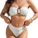 Blooming Jelly Womens Bandeau Bikini Sets Sexy Strapless Two Piece Swimsuit Cheeky High Cut Cute Textured Ladies Bathing Suit (Medium, Beige)