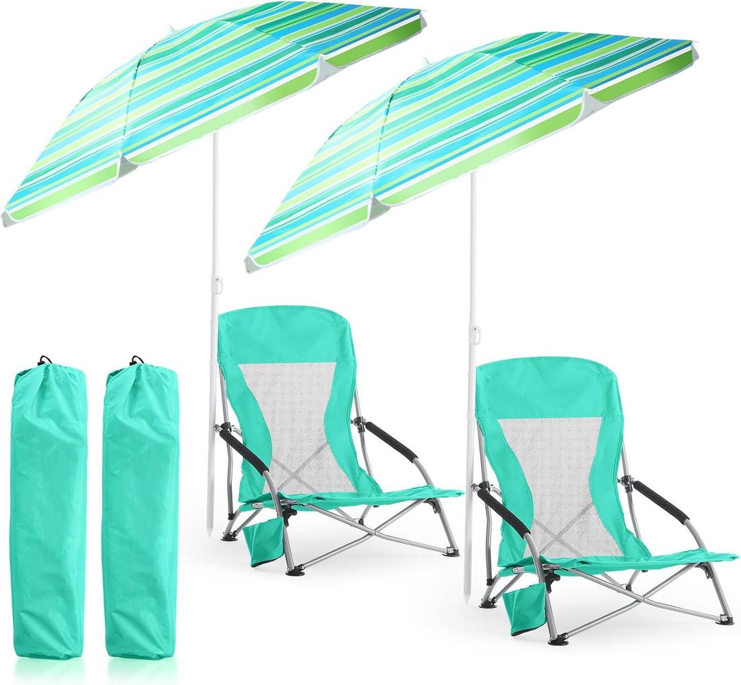 Huwena 2 Pack Beach Chairs with Umbrella for Adults, Low Folding Chair Set, Adjustable Detachable Umbrella, Lightweight Portable with Cup Holder & Carry Bag, for Beach Camping Travel(Green)