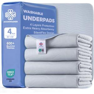 Accompagner Incontinence Bed Pads Washable Waterproof, Ultra-Absorbent Reusable Underpads for Diaper Changing, Nursing, Bedridden, Adults, Seniors, Kids and Dogs (Pearl Gray, 36"x36"(Pack of 4))