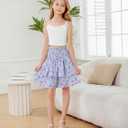 RoseSeek Girl's 2 Piece Outfits Lace Ruched Camisole Tops and Shirred High Waisted Layered Floral Skirts Set (Purple and White)