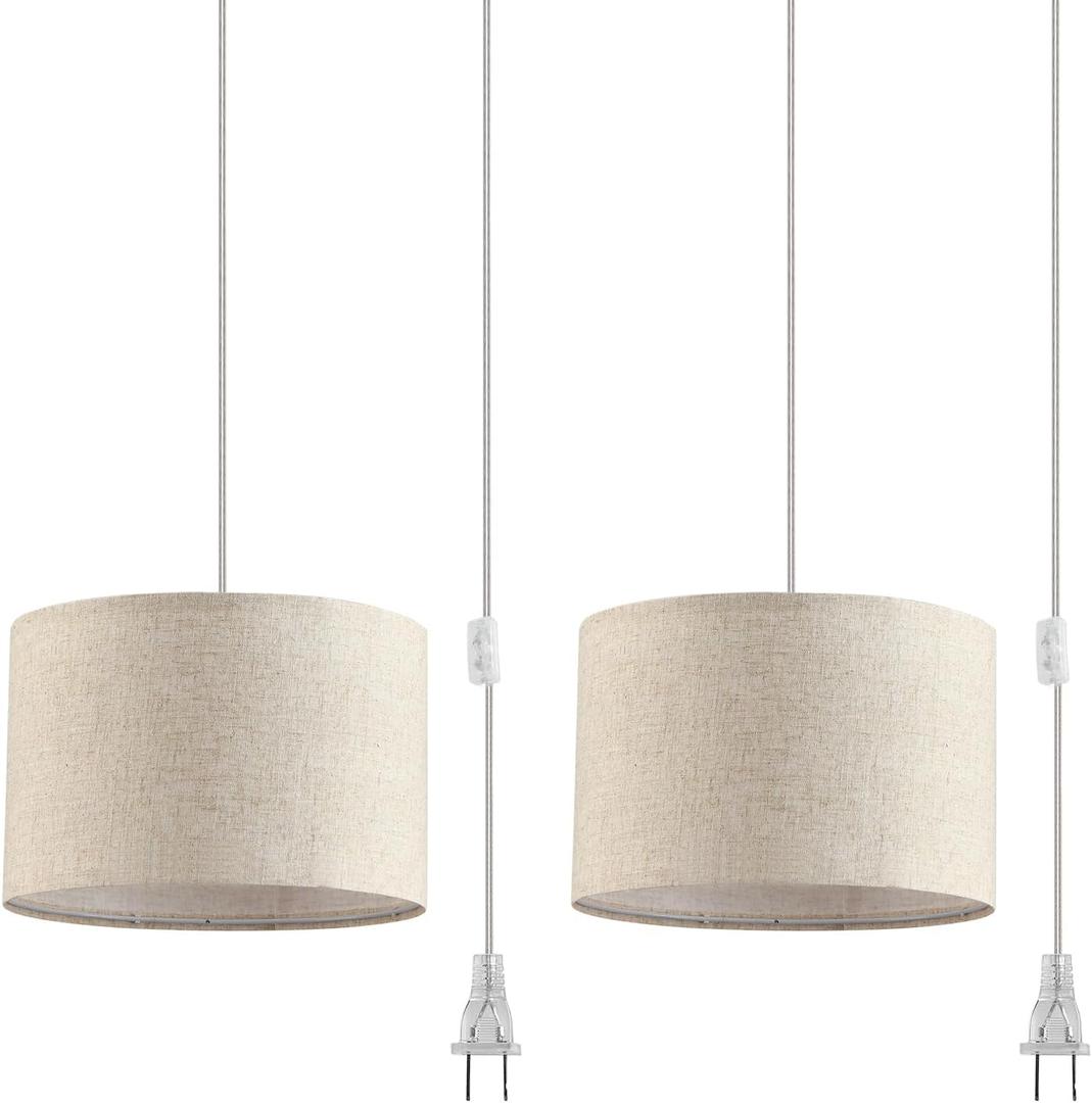 2 Pack Plug in Pendant Light, Hanging Light with 15Ft Clear Cord, On/Off Switch, Beige Linen Fabric Lamp Shade, Hanging Light Fixture for Bedroom, Kitchen, Living Room, Dining Table