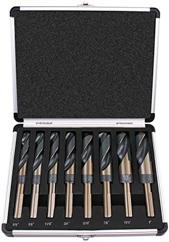 EFFICERE 8-Piece Premium 1/2” Reduced Shank Silver and Deming Large Drill Bit Set in Aluminum Carry Case, M2 High Speed Steel, 135-Degree Split Point | SAE Inch Size 9/16” - 1” by 1/16th Increment