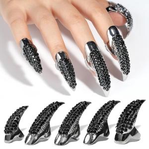 10 Pcs Halloween Costume Claws Fake Nails Ring Set, 3 Sizes Crystal Full Finger Claws Retro Metal Nail Rings Gothic Punk Talon Fingertip Claw Long Nails for Nail Art Holiday Party (Black)