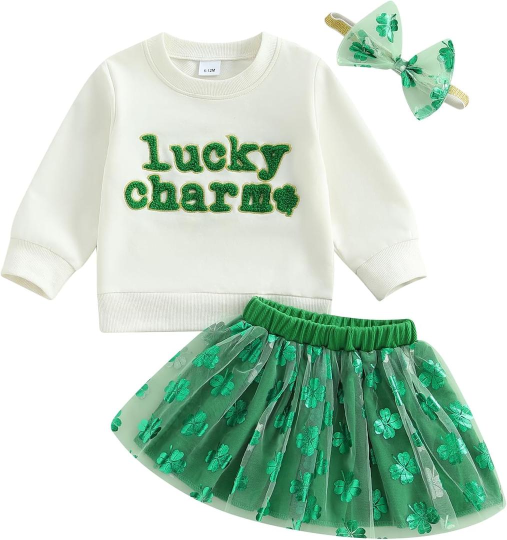 Toddler Baby Girl St Patricks Day Outfit Little Girl Clothes Skirt Set Lucky Charm Sweatshirt Clover Tutu Dress (3-4T, Green)