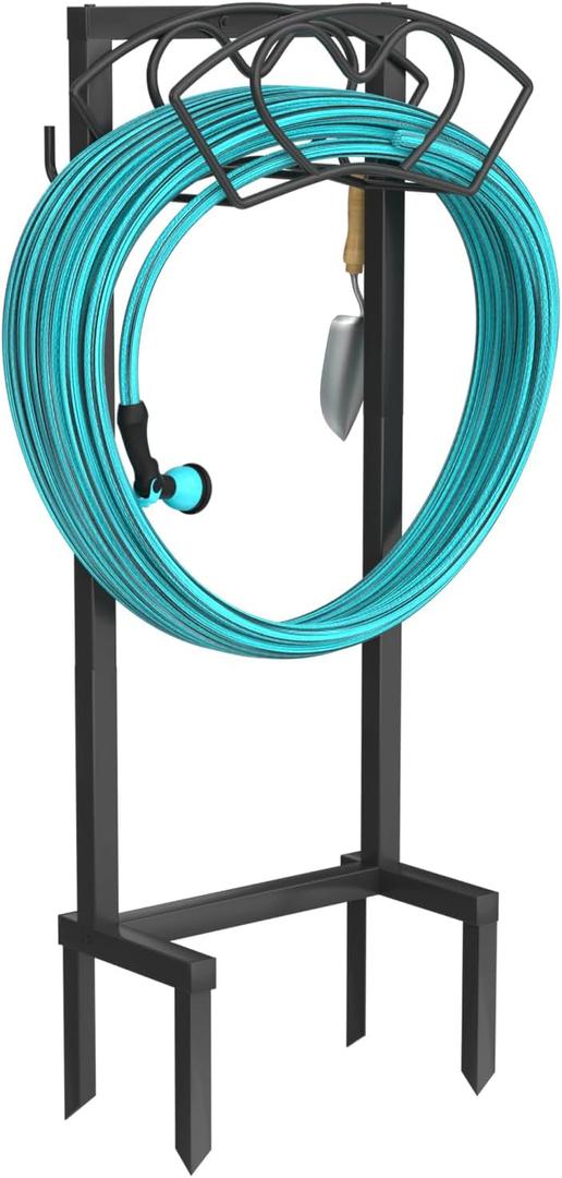 Garden Hose Holder, Water Hose Reel Rack with 4 Spikes Heavy Duty Detachable Reel Stand Freestanding Hose Hanger, Garden Water Reel Rack for Outside Yard Lawn