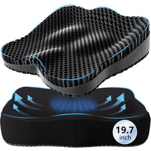 19.7in Thicken Cooling Gel Seat Cushion, Larger Gel Seat Cushion for Long Sitting Pressure Relief Seat Pad for Office Chair Egg Cushions for Car, Desk Chair, Wheelchair Cushion (Black)