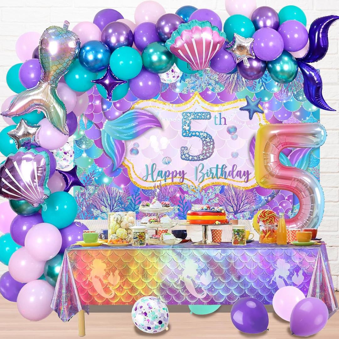 Holkcog 5th Birthday Decoration, 5th Mermaid Birthday Party Decorations, 5 Years Old Mermaid Party Background Banner Balloons Cake Topper Wall Tablecloth, 5 Party Decor Supply for Kids Girls Women