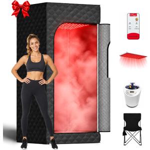 Portable Expanded Infrared Saunas for Home,Sauna Box with 108 Leds Red Light Therapy,15-level Heating,0-99 Minute Timer,Personal Sauna Tent with 3L 1200W Steam Steamer,Remote Control,Folding Chair ( 1 Person|Plus)