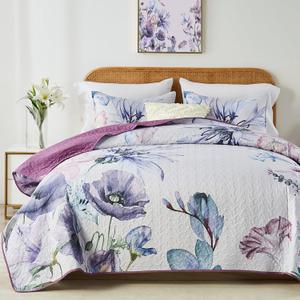 Yogeneg King Size Quilt Set, Elegant Floral Botanical Pattern Purple Bedding Set,3 Piece Lightweight Soft Summer Bedspread Coverlet with 2 PIillow Sham for All Season(Purple Floral,110"x96")