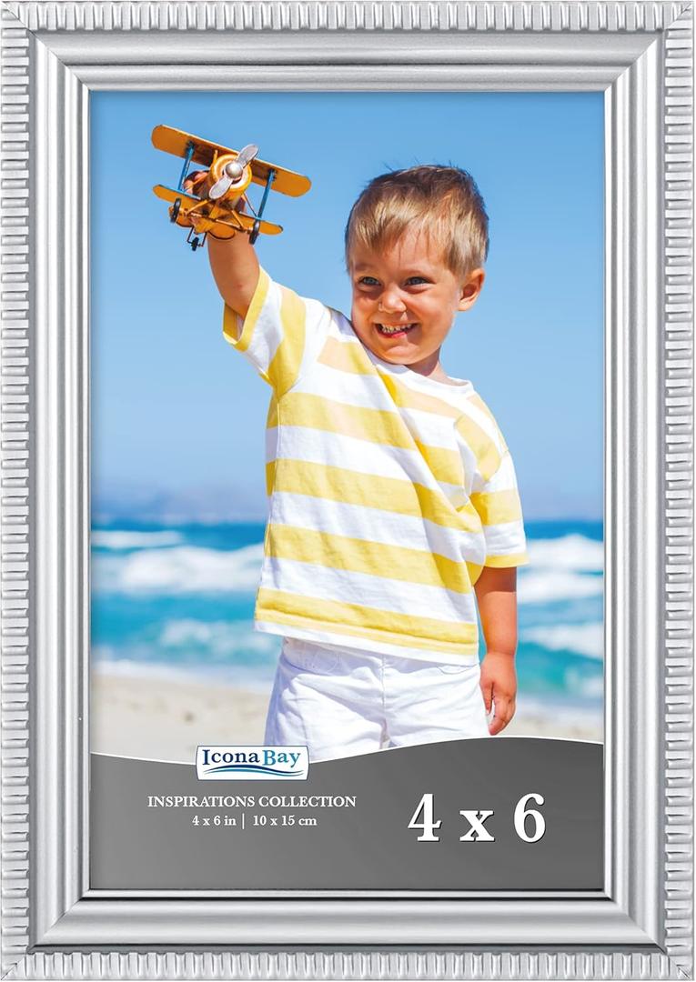 Icona Bay 4x6 Silver Picture Frame Beautifully Detailed Molding, Contemporary Picture Frame Set, Wall Mount or Table Top, Inspirations Collection (4x6, Silver)