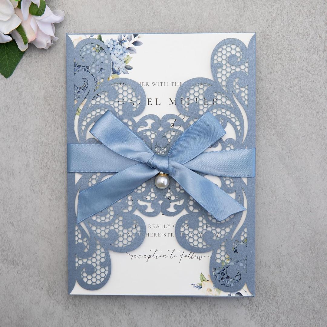 20Pcs 5.12x7.09'' Laser Cut Wedding Invitation Cards With Envelopes Rhinestone Pearls and Ribbons for Quinceanera Invitation Bridal Shower Baby Shower Party Invite (Dusty Blue)