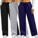 Neer 3 Pack Women's Sweatpants with Pockets, High Waisted Casual Yoga Pants Cozy Lounge Drawstring Loose Wide Leg Jogger (Large, Black, Navy Blue, Light Gray)
