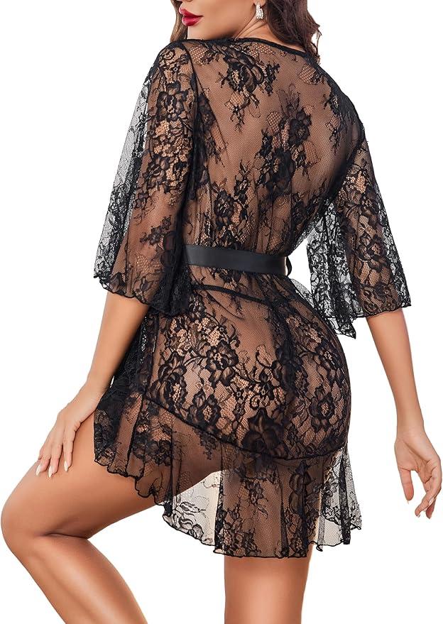 Avidlove Lingerie for Women Sexy Lace Robes Babydoll Lingerie Dress Ruffled Hem Sheer Nightgown, Large