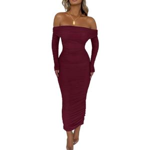 PRETTYGARDEN Women's Fall Off The Shoulder Maxi Dress Spring Long Sleeve Ruched Fitted Bodycon Club Dresses with Slit (Large, Wine Red)