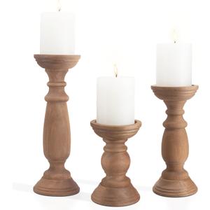 Rustic Wooden Pillar Candle Holders Set of 3, 12'' 9'' 6'' Farmhouse Wood Candle Stand for Table Centerpieces, Vintage Tall Candleholders Fireplace Mantel Decor for Living Room, Brown