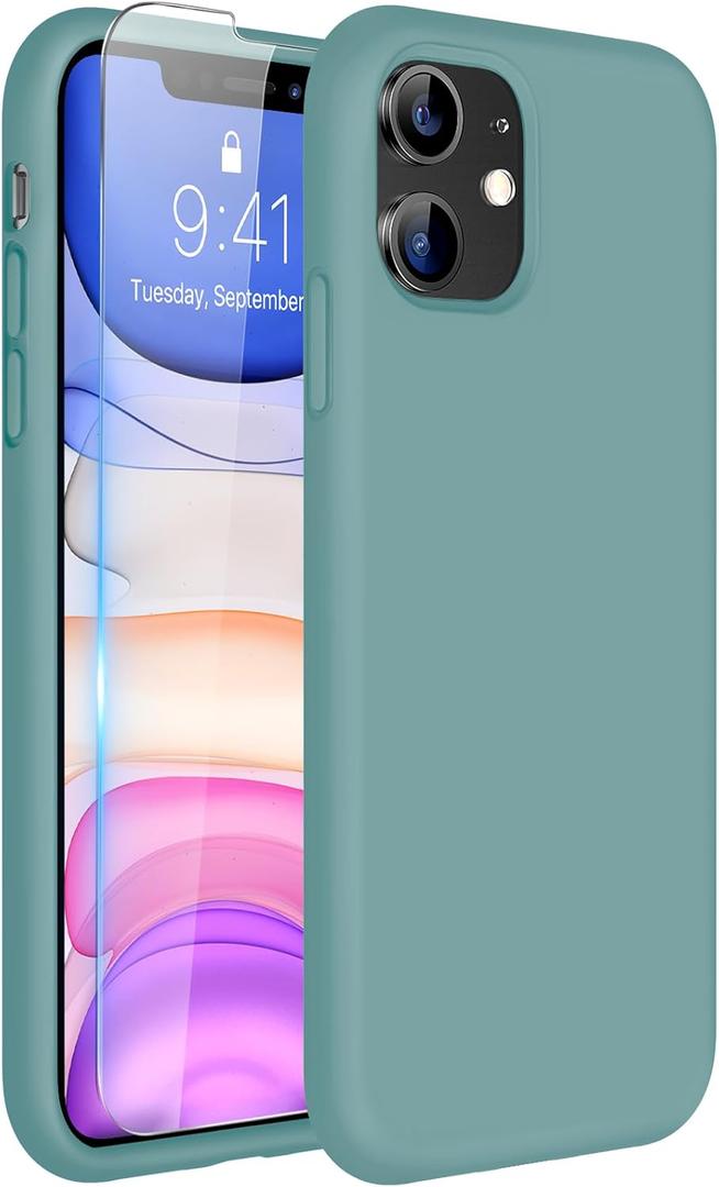 Miracase Designed for iPhone 11 Phone Case, with Screen Protector, Liquid Silicone Gel Rubber Full Body Drop Protection Shockproof Cover Phone Case for iPhone 11 6.1 inch, Midnight Green