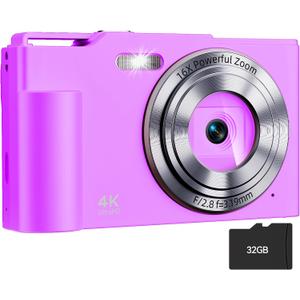 Digital Camera, FHD 4K Digital Point and Shoot Camera with 16X Zoom Anti Shake, 48MP Compact Small Camera with 32GB Card for Boys Girls Kids Fuchsia Purple