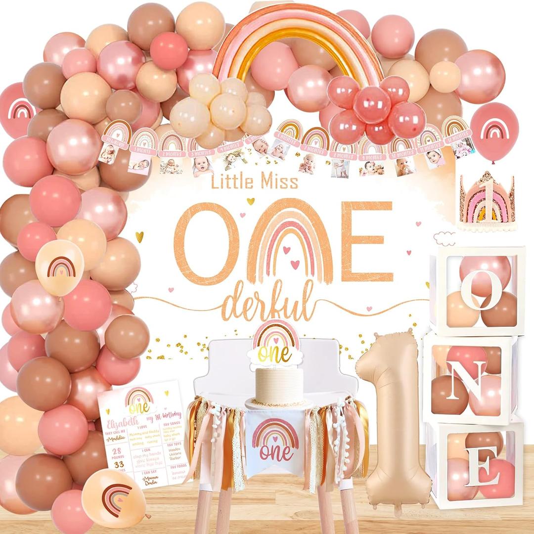 Boho Rainbow 1st Birthday Decorations, Bohemian First Decorations, Bohemian Rainbow Baby Monthly Milestone Photo Banner Highchair Banner, Neutral Rainbow Cake Topper Bohemian Crown Hat for Baby Girls First Birthday