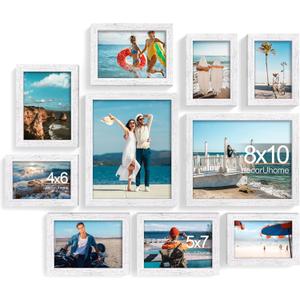 decorUhome Picture Frames Collage Wall Decor for Photo Gallery Display, Assorted Picture Frames set of 10 Including Two 8x10 / Four 5x7 / Four 4x6 for Family Wall Decor, Distressed White, 10 Pack