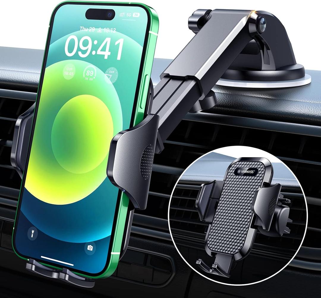 VANMASS Car Phone Holder 2025 Military-Grade Phone Holder for Your Car Windshield Dashboard 65 Lbs Strongest SuctionPatent & Safety Certs Universal Cell Phone Car Mount for iPhone Samsung Android (Black)