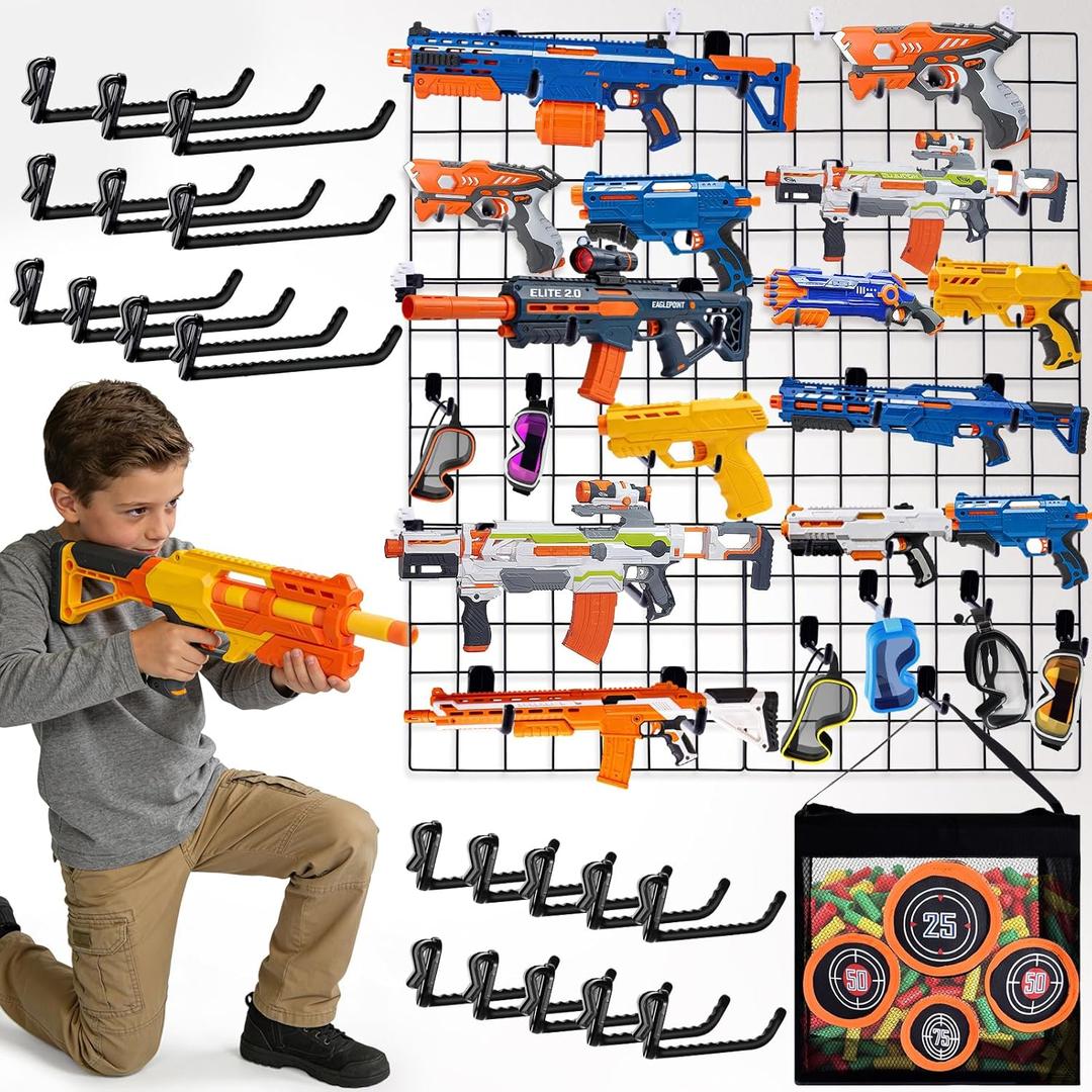 Wall Mount Toy Gun Storage Organizer,Organizer for Toy Guns with Shooting Practice Target Toys Storage Bag and Hooks,Toys Gun Holder Gun Rack for Foam Blasters Guns Accessories Game Room