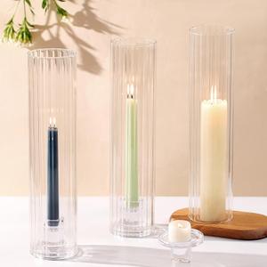 Volens Hurricane Glass Candle Holders for Table Centerpiece - Set of 3 Taper Candle Holders with Windproof Cylinders 12.6" Fluted Glass Chimney for Wedding, Outdoor Party & Fall Home Decorations