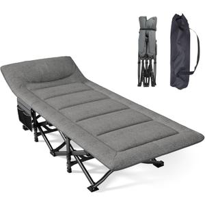 Camping Cot, Folding Cot Bed for Adults with Built-in Mattress and Pillow, Portable Outdoor Sleeping Cot for Camping and Travel, with Carry Bag, Grey, Max Load 450 LBS