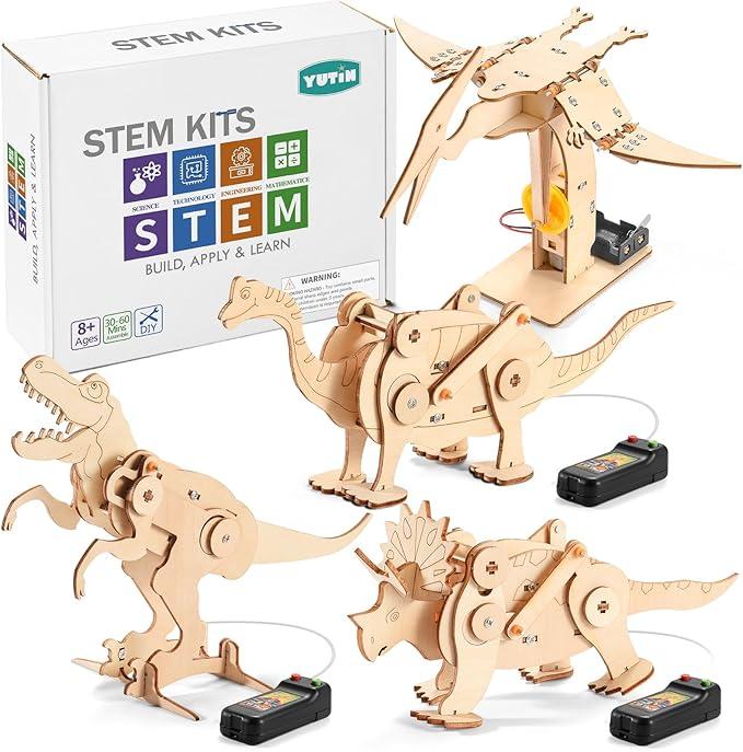 Dinosaur STEM Kits for Kids Ages 81012, 4 in 1 Wood Building Toys for Boys Age 812, Build It Yourself Woodworking Kit, DIY 3D Wooden Puzzles Model Science Crafts for Kids, Stem Projects