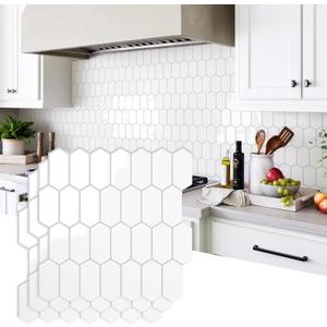 Vamos Tile Upgraded Thicker Design Peel and Stick Backsplash Tile, 10-Sheet Pure White with Gray Grout Long Hexagon Self Adhesive Wall Tiles Stick On Backsplash for Kitchen Bathroom RV Fireplace