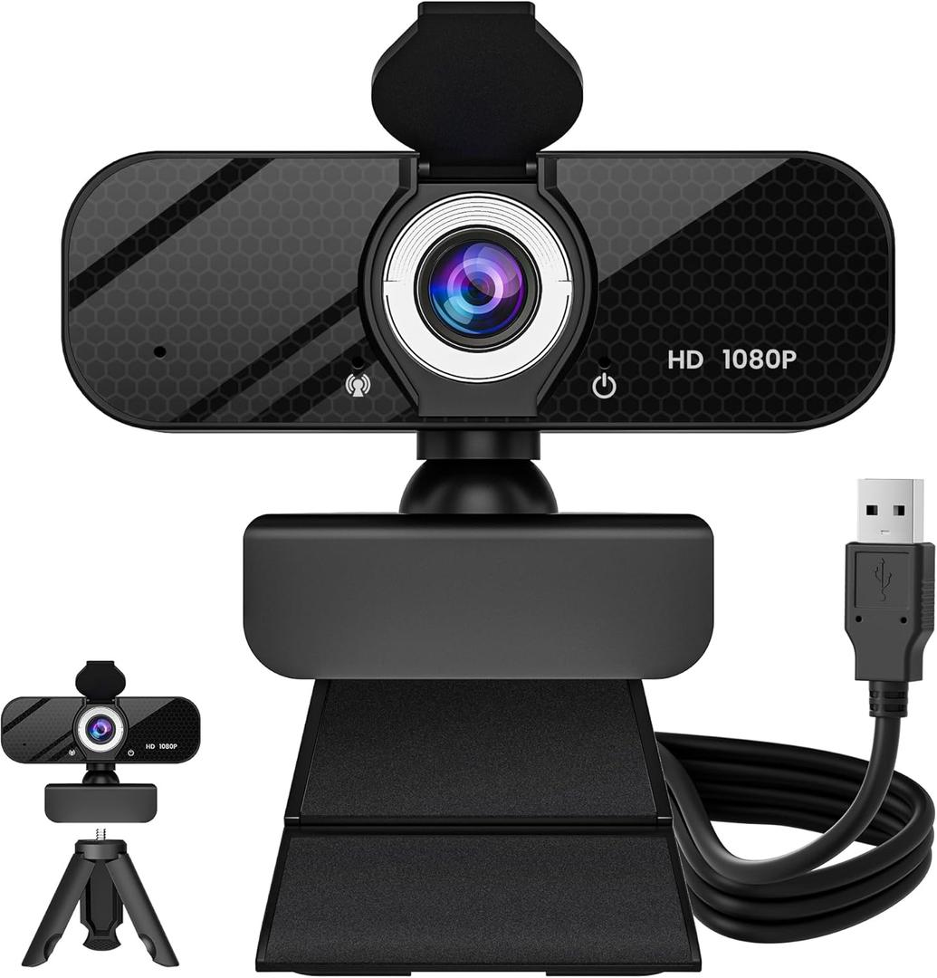 1080P HD Webcam with Built-in Microphone, Rotatable Tripod, Wide-Angle Lens,Privacy Cover, Auto Light Correction, Plug & Play USB-A Webcam for Laptop, Desktop, PC, Streaming-Black