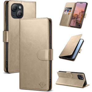 Wallet Case for iPhone 15 6.1" with RFID-Blocking Credit Card Holder, PU Leather Folio Flip Cover Women Men Protective Phone Case Compatible with Apple 15, Golden