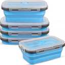 Kifmurase 5 Pcs Foldable Silicone Food Containers with Lids, Leak-Proof Foldable Storage Bowls Silicone Lunch Containers for Leftover, Dishwasher, Microwave Freezer Safe (27oz, Blue)