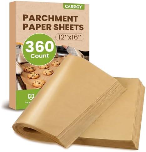 CAREGY 360Pcs Unbleached Parchment Paper Sheets, 12 x 16 Inch,Precut Non-Stick Parchment Paper for Baking,Cooking, Grilling, Air Fryer and Steaming,Fit for Half Sheet Pans