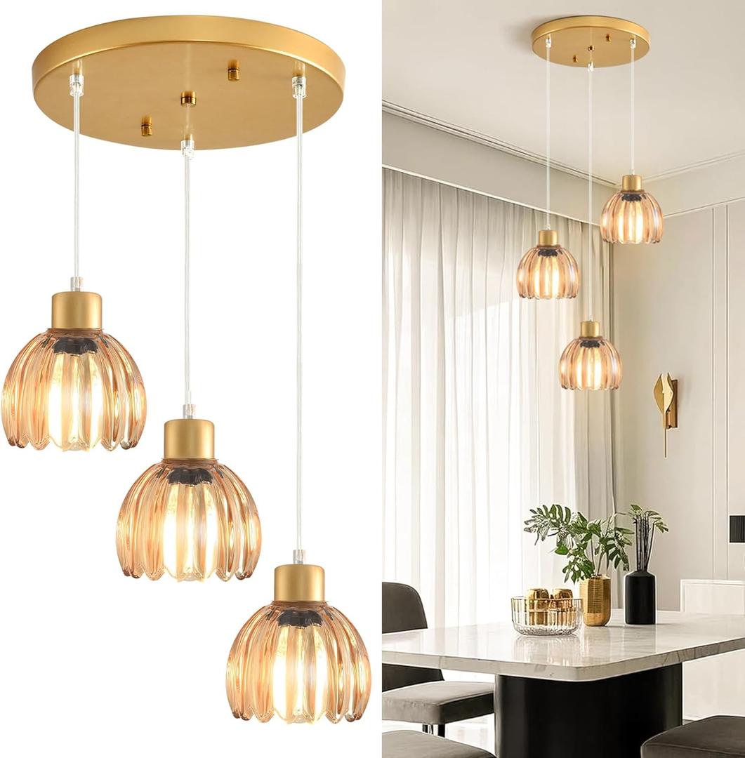 3-Light Pendant Lights Kitchen Island, Gold Mid Century Modern Pendant Light Fixtures, Industrial Chandelier with Amber Glass Shade, Adjustable Ceiling Hanging Lamp For Dining Room Hallway Living Room