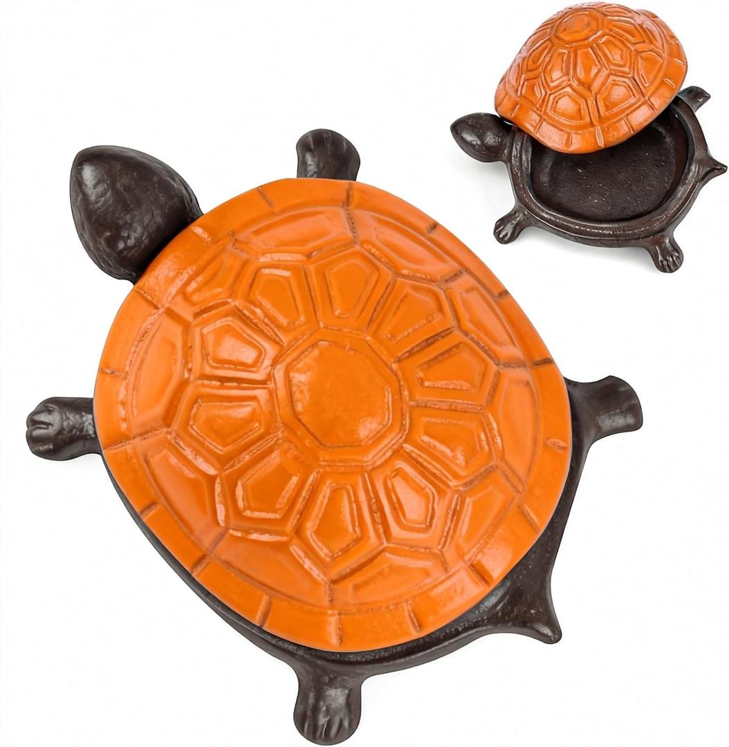 Cast Iron Turtle Key Hider for Outside - Waterproof Spare Key Hider to Hide a Key Securely - Unique Garden Decor for Yard, Patio & Outdoor Areas (Orange, Standard Size)