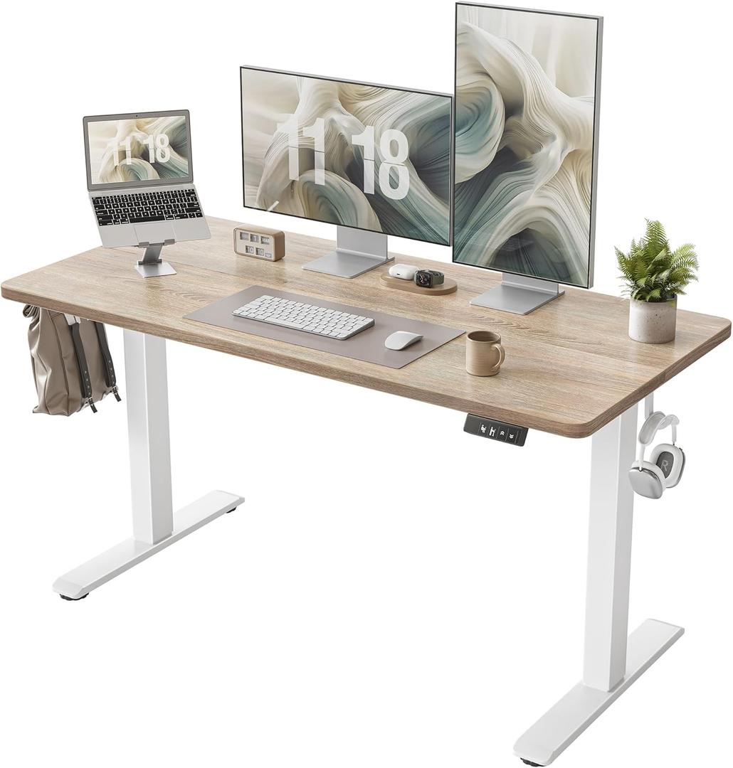 TIQLAB Height Adjustable Electric Standing Desk, 55 x 24 inch, Sit Stand Up Desk, Splice Board, Computer Home Office Desk, White Frame/Maple Top (55 inch)