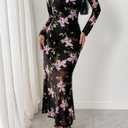 BTFBM Wedding Guest Dresses for Women Spring Fashion 2026 Bodycon Crew Neck Long Sleeve Boho Mesh Floral Maxi Fall Dress(Black Pink, Medium) (Black, M)
