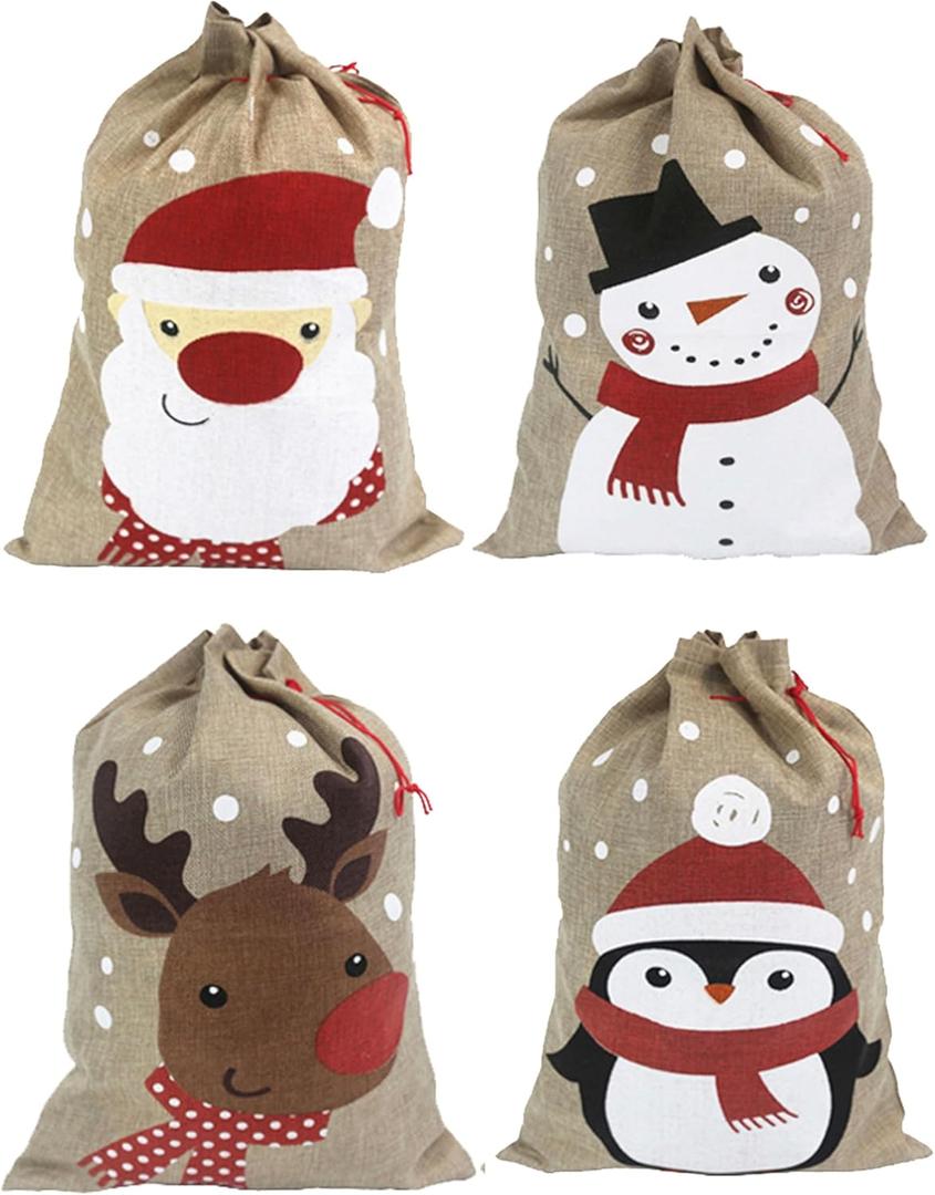 Hooin Christmas Sacks (13.8''x19.7'' Medium Size)  Pack of 4 Drawstring Burlap Goody Gift Bags for Christmas Treats. 4 Designs Santa Snowman Reindeer Penguin