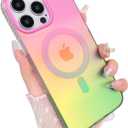 Aesthetic Case for iPhone 15 Pro Max Case for Women Girls, Compatible with Magsafe, Cute Girly Trendy Glitter Sparkly Rainbow Magnetic Protective Phone Cover, Matte Iridescent Pink & Green