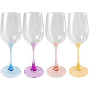 Lily's Home Unbreakable Stemmed White Wine Glasses, Made of Non Breakable Shatterproof Plastic, Indoor and Outdoor Drinkware, Reusable and Dishwasher-Safe, 13 oz. Each, Set of 4 (Multi Color Stem)