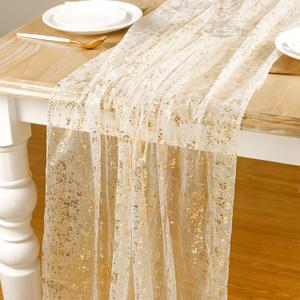 AerWo 4 Pcs Gold Table Runner 10FT, Boho Gold Foil Glitter Sheer Sequin Table Runners 120 Inches Long, Wedding Centerpiece Tables Decorations for Party Supplies Birthday Christmas Runners Decorations