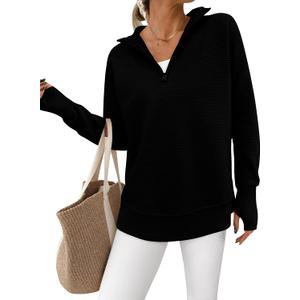 PRETTYGARDEN Womens Long Sleeve Quarter Zip Pullover Sweater Casual Loose V Neck Collared Ribbed Knit Jumper Tops Thumb Hole (Medium, Black)