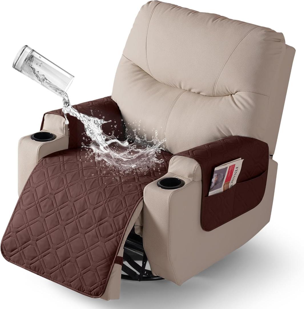 VANSOFY Recliner Chair Covers 100% Waterproof Seat Cover with Arm Reclining Cover Non-Slip Recliner Chair Covers Furniture Protector Washable Slipcover with Pocket for Pets, Dogs(Coffee 22")