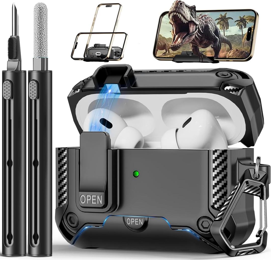 Compatible with AirPods Pro 2nd/1st Generation Case with Phone Stand,Full Drop Protection Automatic Snap Switch Design with Cleaner Kit for iPod Pro Charging (USB-C/Lightning Cable)